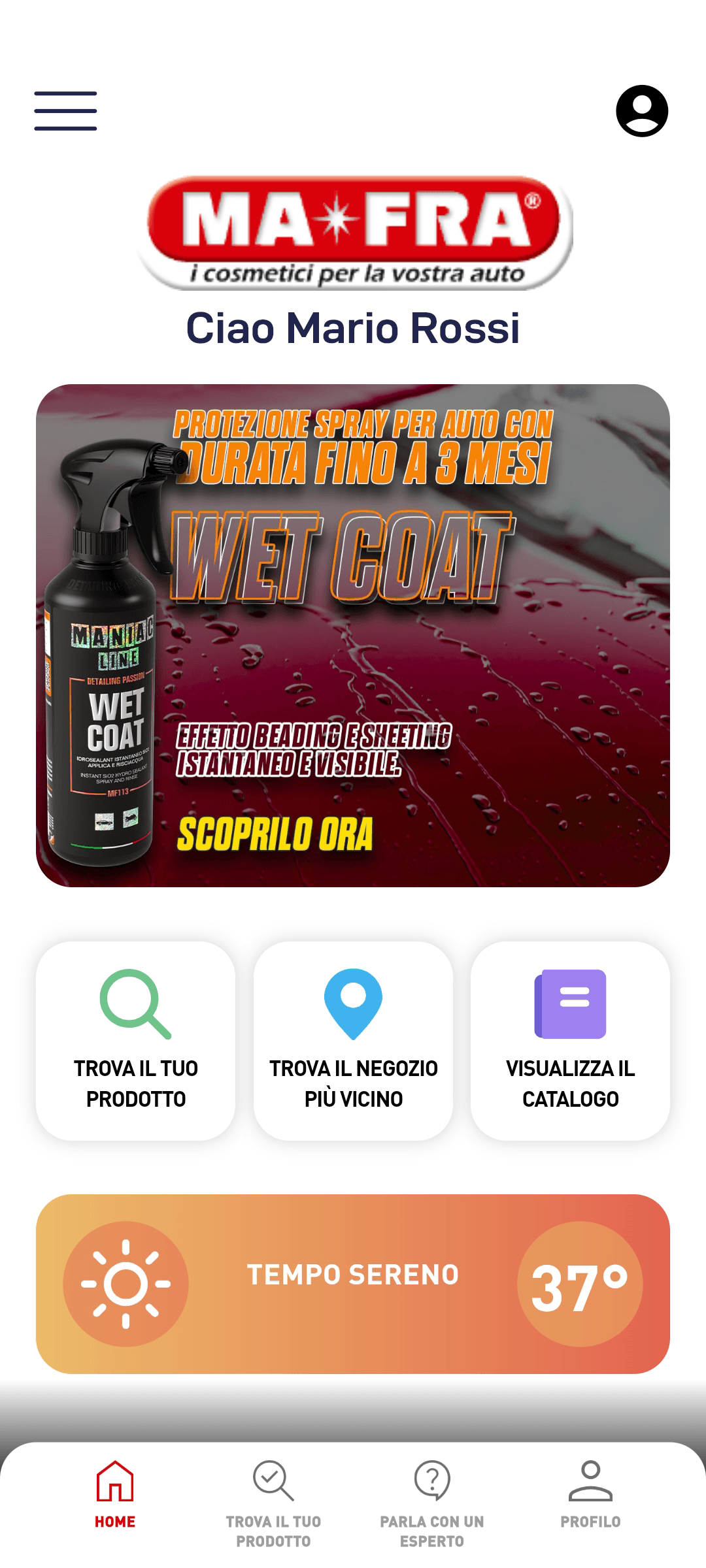 Schermata home dell'app Super MA-FRA