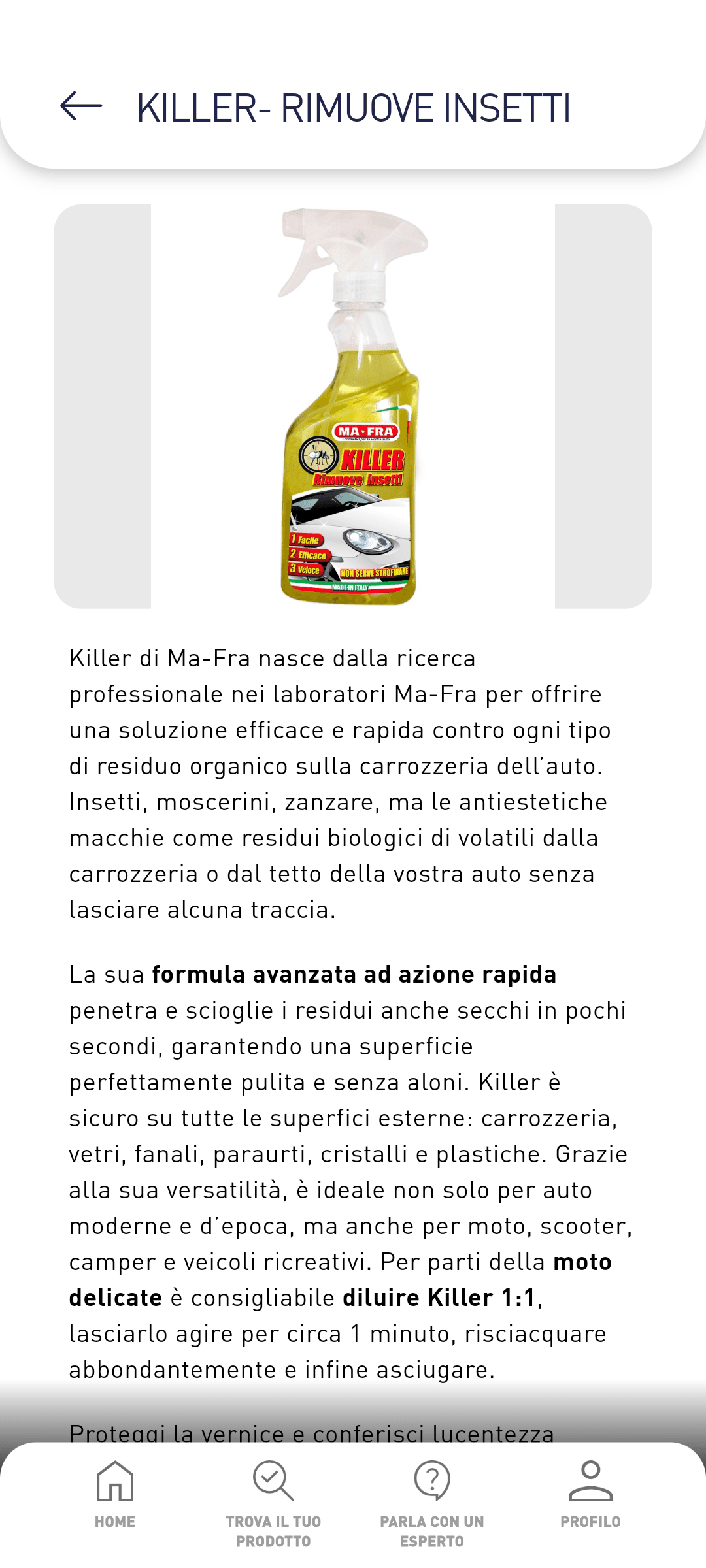 Scheda prodotto nell'app Super MA-FRA